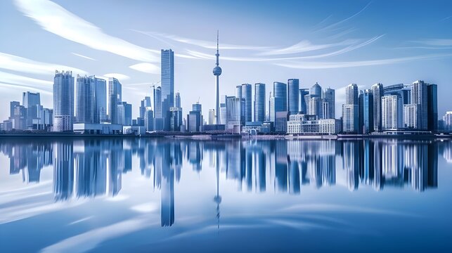 Modern Urban Development - Sleek Skyscrapers with Glass Facades Reflecting in Water, Symbolizing Innovation and Architectural Progress