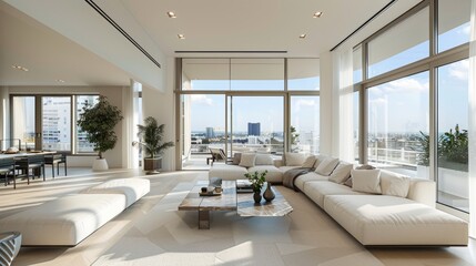 Fototapeta premium Spacious modern living room with large windows and city view