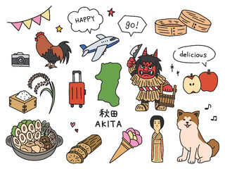 秋田の手描きイラストセット