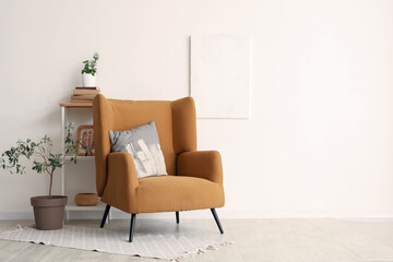 Armchair with cushion, shelving unit with books and decorative olive tree in interior of living room