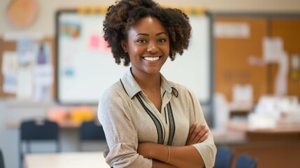 Confident African American Female Teacher in Classroom Setting, Professional Educator for School, Online Learning, and Educational Content