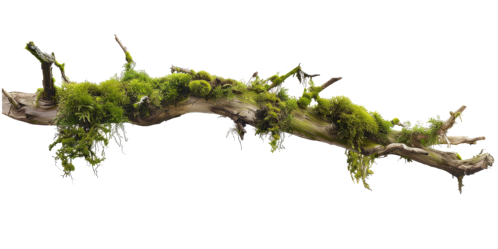 Green moss-covered single broken tree branch isolated in a transparent background. Cut out or PNG.