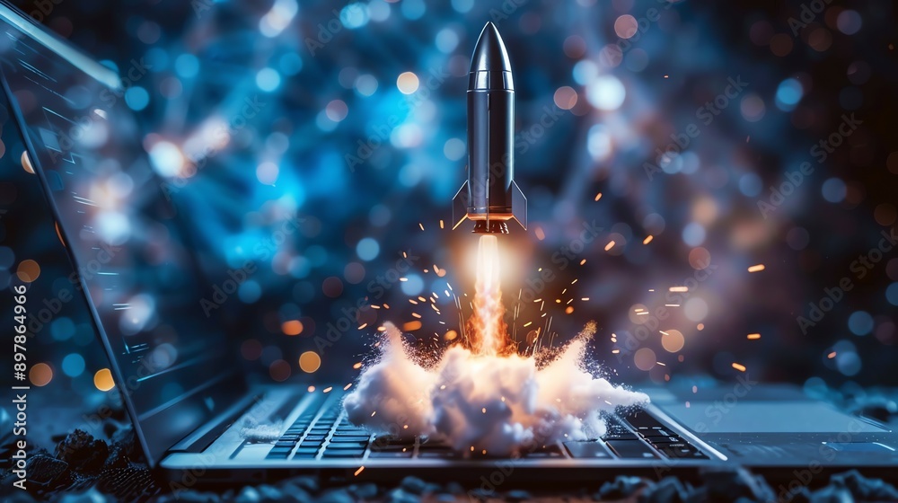 Poster rocket launching from laptop keyboard.