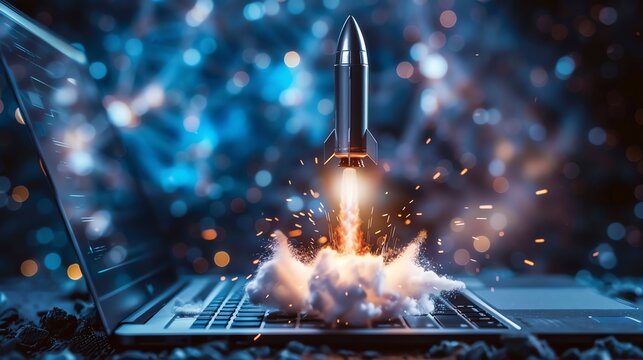 Rocket launching from laptop keyboard.