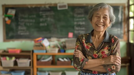 Warmly Smiling Elderly Thai Teacher in Classroom, Ideal for Educational and Cultural Design