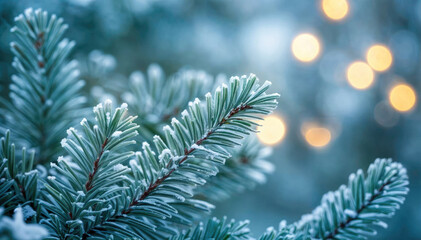 Winter Frosted Pine Branches with Soft Bokeh Lights