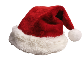A traditional Santa hat with a fluffy white trim and pom-pom on transparent background