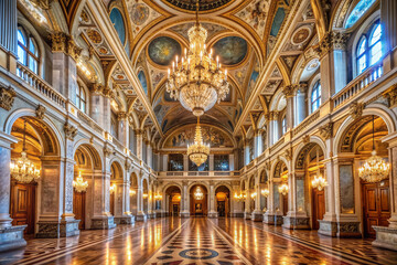 Fototapeta premium Majestic grand hall with ornate crystal chandeliers, richly decorated ceilings, and intricately patterned marble floors set within a historic Budapest palace interior.