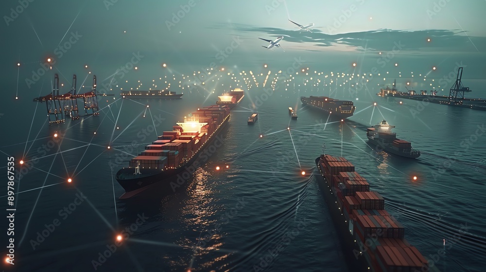 Poster global trade network with container ships and airplane.