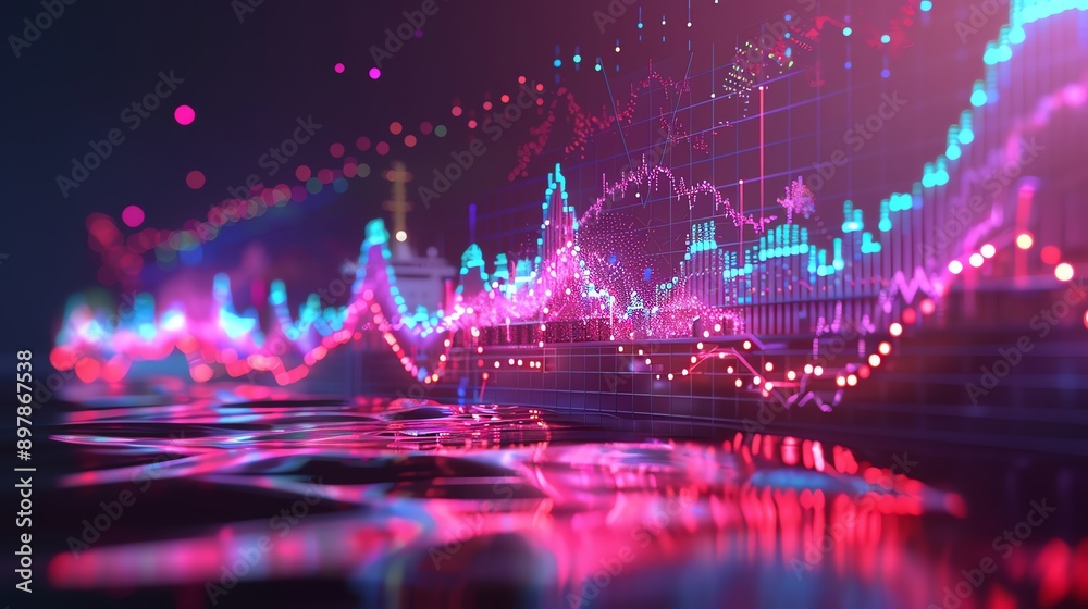 Aufkleber Abstract neon glowing digital graph chart in dark background with water reflection.