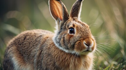 Fototapeta premium Close-up of a young rabbit in its natural habitat, showcasing its soft fur and curious expression in a serene outdoor setting.