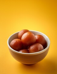 Indian sweet food gulab jamun on yellow background