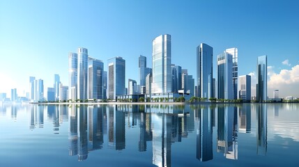 Fototapeta premium Sleek Cityscape with Towering Skyscrapers Reflecting in Water, Symbolizing Urban Development and Corporate Growth
