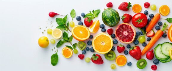 Happy New Year 2025 For Healthcare On A White Background, With Fruit And Vegetables Symbolizing Health And Wellness