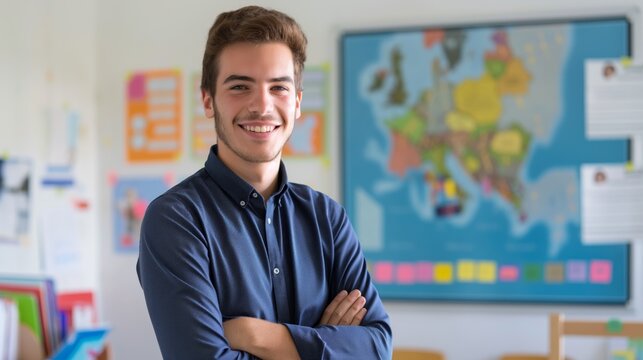 Young French Male Teacher in Classroom, Confidently Posing with Folded Arms in Front of European Map, Education, Diversity, Teaching Profession