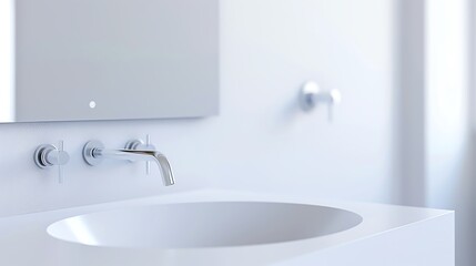 Fototapeta premium A clean, modern bathroom sink featuring sleek faucet and minimalist design with a bright, airy atmosphere.