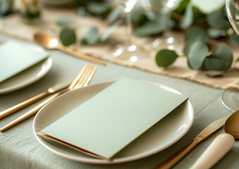 Pastel green paper card on dinner table, wedding and special occasion invite concept, closeup shot,