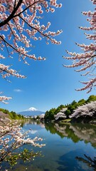 A serene landscape with blooming cherry blossoms under the clear blue sky