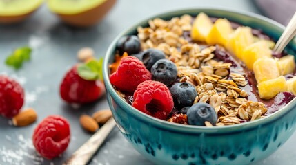 A vibrant bowl of granola topped with fresh raspberries, blueberries, and pineapple, perfect for a healthy breakfast.