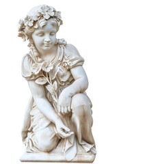 Obraz premium White Marble Statue of a Young Woman Kneeling with Flowers