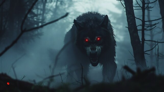 Evil wolf with red eyes in gloomy night forest