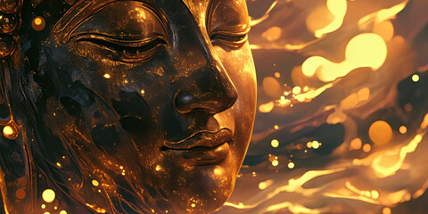 Obraz premium close up of golden and black glitter on the face, Buddha statue, generative AI