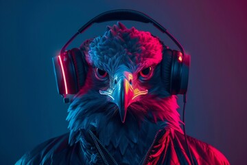 eagle with headphones, fashion portrait in pink and blue neon colors created with artificial intelligence