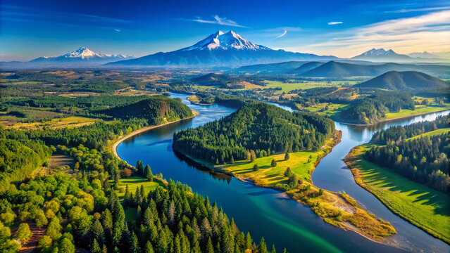 Aerial view of Washington state outline with mountains, rivers, and forests, showcasing its natural beauty and unique geographical features in a stunning landscape.