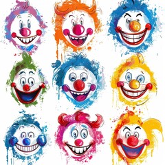 Fototapeta premium Colorful and whimsical clown faces with vibrant splashes of paint