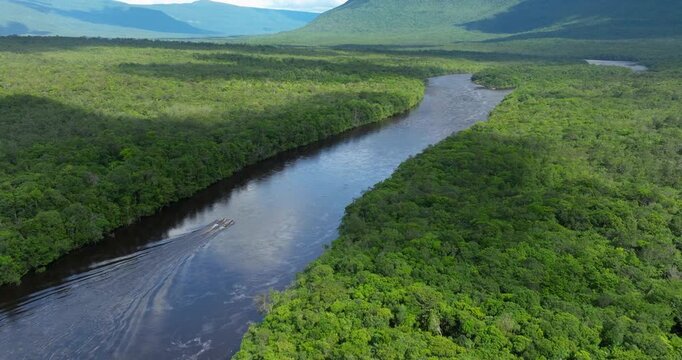 Churun River With Longboats (Curiara) Sailing Through Foliage In Canaima National Park, Venezuela. aerial tilt-up shot
