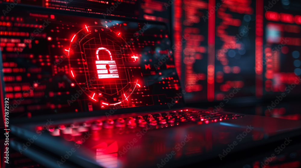 Wall mural data security breach digital system hacked internet cyber attack alert with red padlock virtual disp