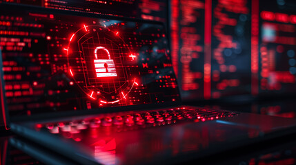 data security breach digital system hacked internet cyber attack alert with red padlock virtual display over a laptop
