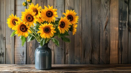 A bouquet of sunflowers in a vase on a rustic wooden table.