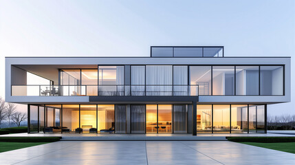 Obraz premium A modern house with a blend of glass and steel, featuring a cantilevered second floor and extensive use of large windows for natural light.