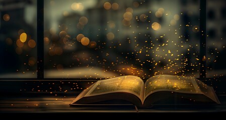 An ancient open magic book, perfect for an ancient book wallpaper against a dark mysterious background