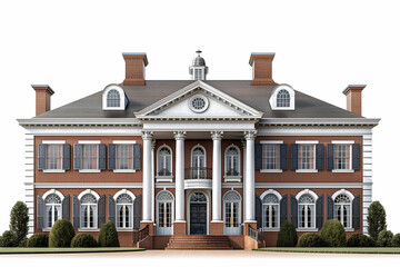 Fototapeta premium A classic Colonial house with a brick exterior, white trim, and neatly manicured lawn, embodying timeless elegance.