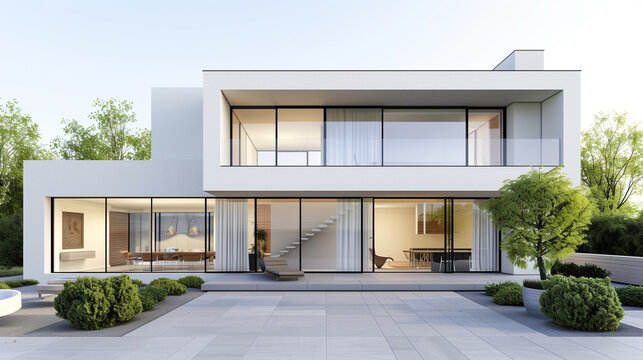 Fototapeta A sleek, contemporary house with large glass windows and minimalist design, featuring a spacious outdoor area with greenery and modern landscaping.