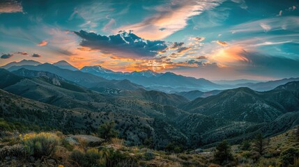A panoramic view of a mountain range at sunrise.
