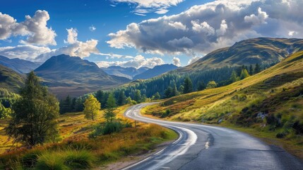 A scenic road winding through a mountain landscape.