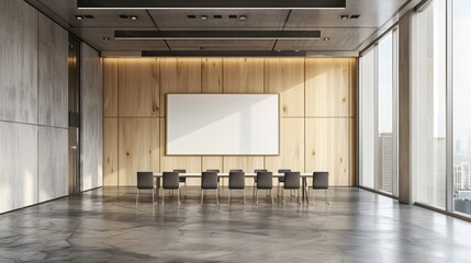 Empty modern conference room with large windows, whiteboard, and minimalist furniture