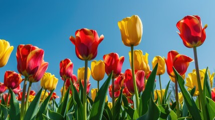 Fototapeta premium Field of red and yellow tulips in full bloom under clear skies.