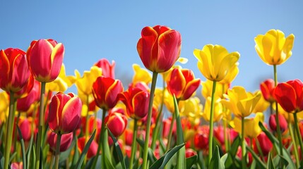 Field of red and yellow tulips in full bloom under clear skies.