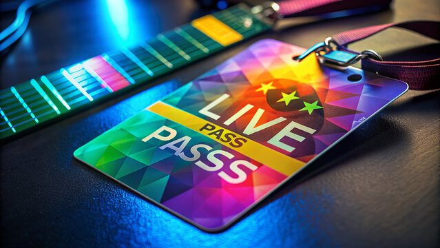 A close-up of a laminated pass with a vibrant color scheme and bold font, placed on a dark background, evoking the excitement of a live music event.