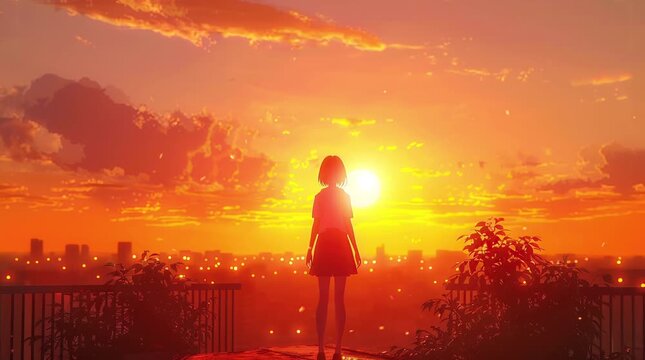 Anime girl standing alone on a field, gazing at a breathtaking sunset, evoking a sense of serenity and contemplation in a beautiful  Seamless looping 4k time-lapse virtual video animation Generated AI
