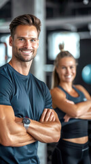 Naklejka premium Attractive woman and man posing in Fitnesstudio. AI generatve.