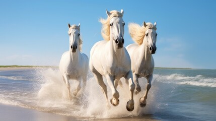 Obraz premium Three White Horses Galloping on the Beach