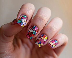 Detailed mosaic nail art with vibrant tiny tiles, hands posed gracefully on a beige background, highlighted by diffused light.