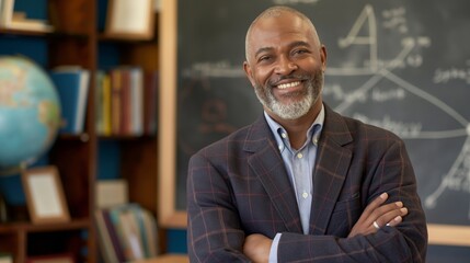 Middleaged African American Male Teacher Smiling, Classroom, Education, Professional Learning Environment, Confidence and Knowledge, Classroom Decor, Diversity in Education