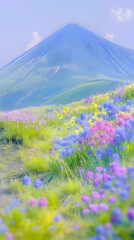 Obraz premium Outdoor flowers and plants, including wild varieties, against a floral background with a blue sky backdrop, ideal for nature-themed wallpapers featuring wild flora