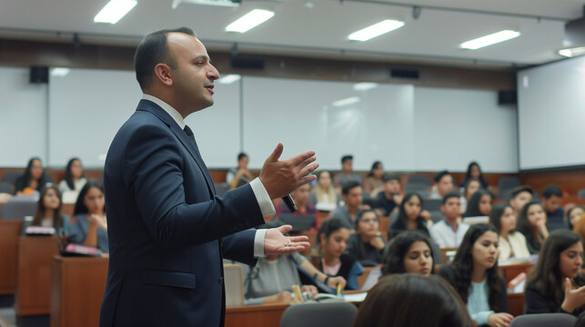 Campus lecturer in suit giving talk to university students in  modern classroom, Audience in college lecture room, students learning and listening to the presentation as back to school concept